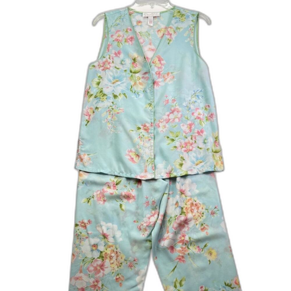 Oscar de la Renta Pink Label | Ice Blue and Pink Floral PJ Set | Sz S